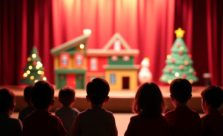 Spectacle de Noël pour maternelle : enfants émerveillés devant une scène festive
