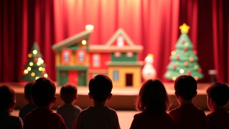 Spectacle de Noël pour maternelle : enfants émerveillés devant une scène festive